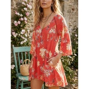 Free People Eyes On You Tunic Dress 0 Red Floral Boho Bell Sleeve Pocket Crochet